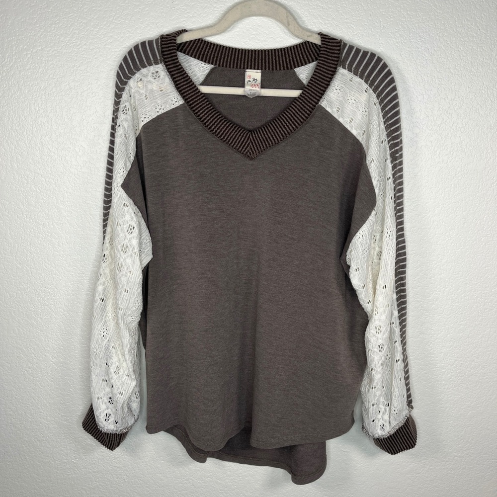 7th Ray Womens Large V-Neck Mixed Media Lace Stripe Raglan Sleeve Top Grey White
